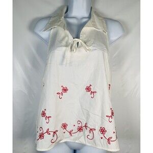 Faded Glory Vintage Red White Floral Embroidered Halter Top Blouse Size 8/10 New